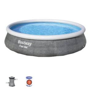 Bestway Quick-Up Pool Fast Set Pool Swimmingpool Rund Rattan Optik+Leiter+Filterpumpe 396x84